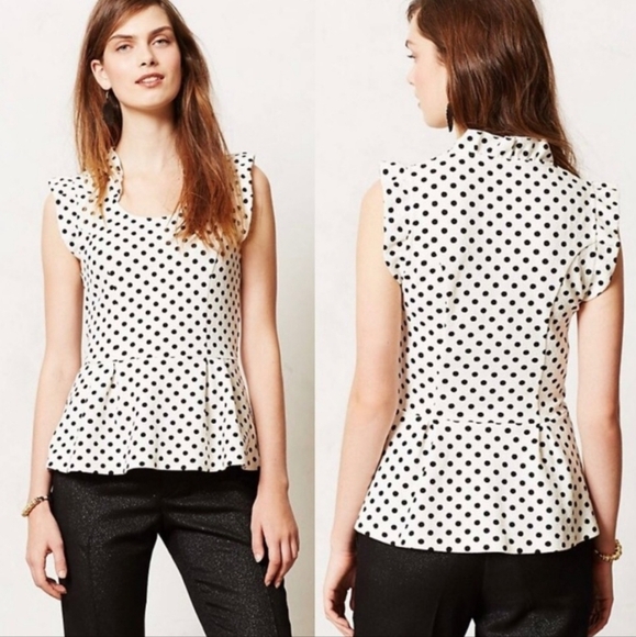 Anthropologie, New Postcard White Black Dot Flutter Sleeve Peplum Top Size XL - Picture 1 of 9